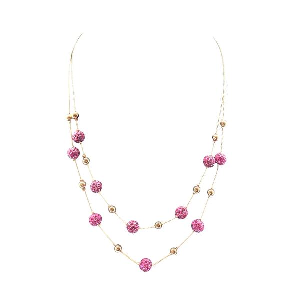 Two Strand Gold Tone Pink Razzle Dazzle Disco Ball Bead 18"-21" Necklace - Picture 7 of 8